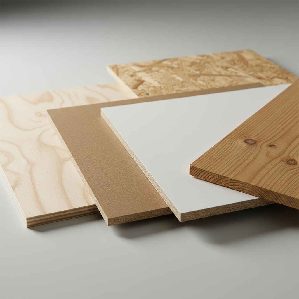 A close-up, photographic image of different wood panels fanned out on a clean light-grey worktable: a sheet of pale birch plywood with visible cross-grain edges, a smooth, dense MDF board, a white melamine-faced panel with crisp corners, a textured OSB sheet with distinct wood strands, and a straight pine board with warm, natural grain. Each material is precisely cut, with immaculate edges and no visible defects. Soft, indirect studio lighting from the left creates gentle shadows and subtle highlights, emphasizing surface details and thickness. Shot from a slightly elevated angle with shallow depth of field, the foreground panels are crystal clear while the background softly blurs, creating a calm, technical, and professional atmosphere perfect for explaining product differences.