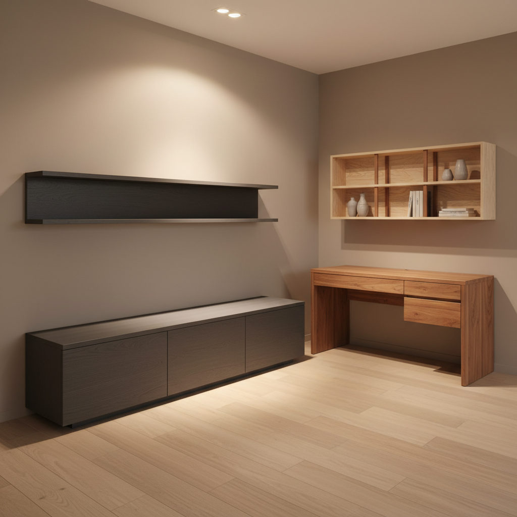A sleek, contemporary furniture showroom corner featuring a finished TV unit made from melamine-faced boards, a minimalist desk built from MDF with veneer, and shelving elements using plywood and pine accents. The furniture has smooth, flawless surfaces, precise joinery, and high-quality hardware. Behind them, a neutral-colored wall and light wooden floor create a calm, elegant backdrop. Soft, warm ambient lighting from recessed ceiling fixtures highlights edges and texture, while a subtle directional spotlight emphasizes the main unit’s surface finish. Photographic realism with an eye-level, three-quarter view that reveals depth and proportions. The mood is refined and trustworthy, suggesting that the underlying panel materials distributed by the company are ideal for high-end residential and commercial furniture projects in Guatemala.