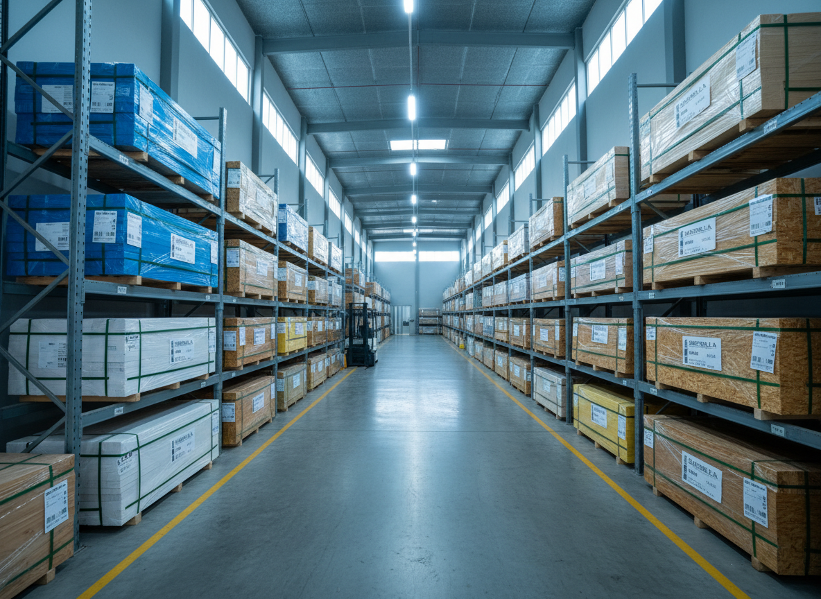 A spacious, well-organized warehouse interior filled with neatly stacked pallets of plywood, MDF, melamine, OSB, and pine boards, each bundle wrapped and labeled with clean, color-coded bands. Tall industrial shelving runs in precise rows, with a wide, uncluttered central aisle emphasizing order and efficiency. Cool, diffused daylight enters through high clerestory windows, supplemented by even overhead LED lighting that reveals the smooth textures and natural grain patterns of the wood panels. Photographic realism, captured at eye level with sharp focus throughout, using a wide-angle lens to show depth and scale. The mood is professional, reliable, and trustworthy, presenting a modern Guatemalan wood distribution facility ready to fulfill large and small orders.