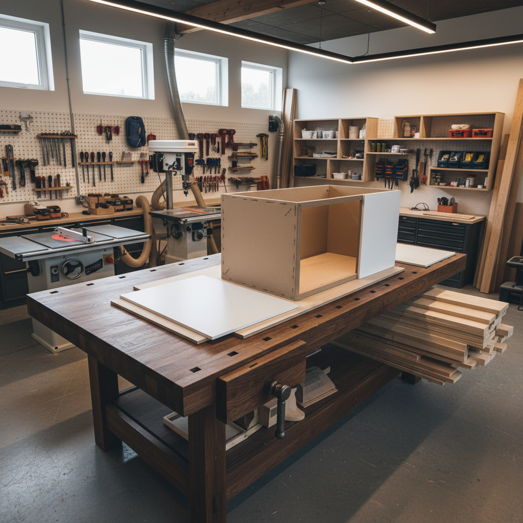 A modern carpentry workshop scene showing a large, sturdy workbench in the center, with sheets of plywood and melamine neatly laid out, and pine boards stacked on a side rack. A partially assembled cabinet carcass made from MDF and melamine stands on the bench, its perfect right angles and clean edges conveying precision. In the background, stationary woodworking machines and organized tool storage create a sense of expertise and safety, all free of clutter. Natural light pours in from high side windows, mixed with warm overhead workshop lighting, casting clean, directional shadows. Photographic realism, shot at eye level with a moderate depth of field that keeps the workbench and materials sharply in focus while softly blurring the distant machines. The overall mood is industrious, controlled, and highly professional.