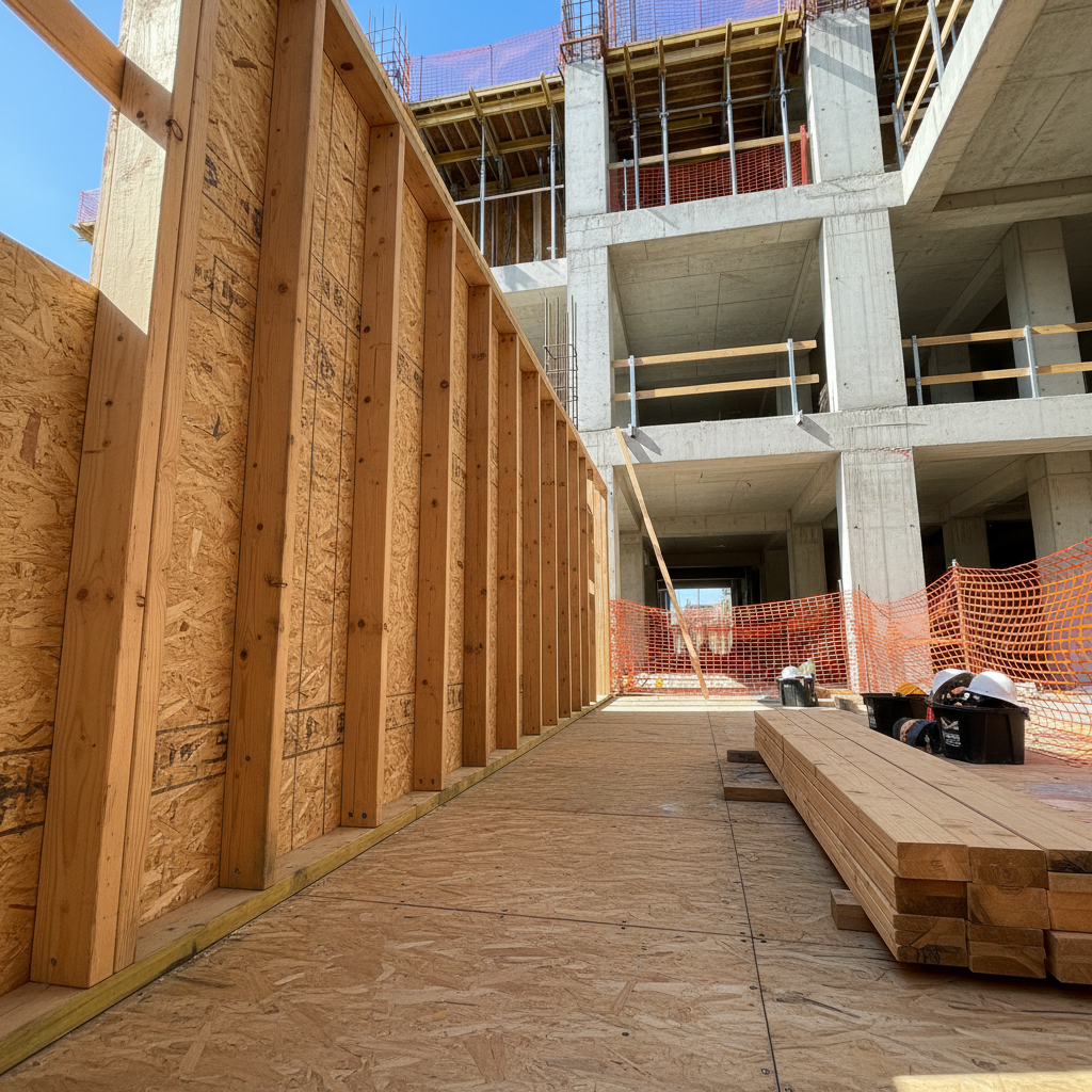 A construction site detail focusing on structural use of wood panels: OSB sheathing already installed on a wall frame, plywood subflooring securely fastened underfoot, and stacked pine boards ready for framing. The skeletal structure of a building rises around the scene, with concrete, rebar, and metal elements complementing the wood. The environment is tidy and organized, with safety barriers and clearly defined work zones. Bright midday sunlight illuminates the site, creating crisp shadows that emphasize the geometry of the studs and panels. Captured from a low-angle perspective, the camera looks slightly upward along the wall, conveying strength, durability, and long-term reliability. The photographic style is clean, realistic, and technical, ideal for showcasing wood-based materials in modern construction.